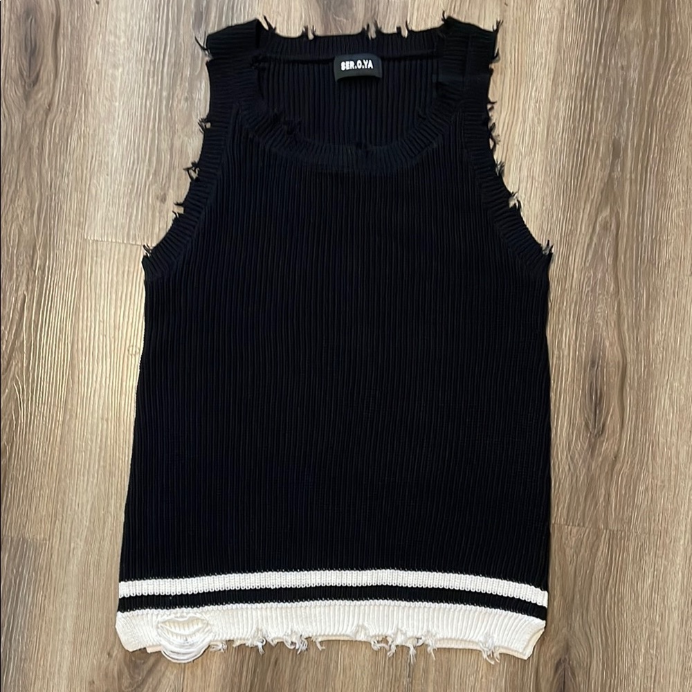 SER.O.YA Black and White Cable Knit Distressed Tank Top